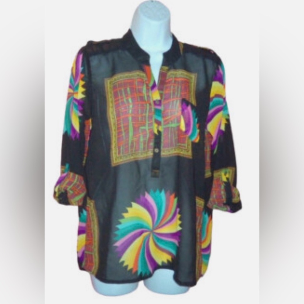 OPPA Vintage Colorful Sheer Roll Tab Sleeves Button Down Shirt